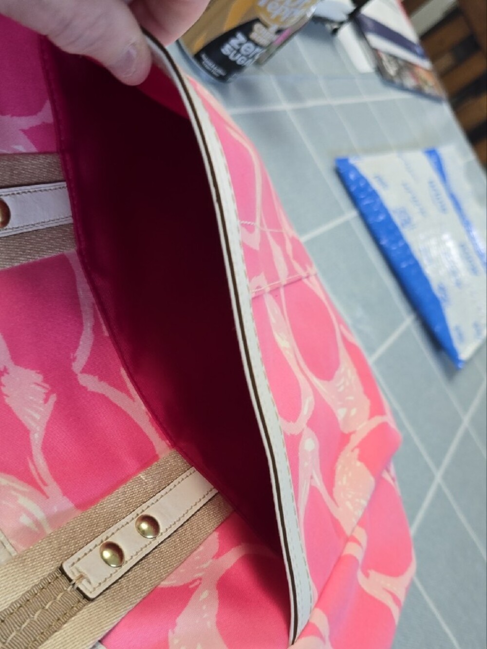 Coach Pink Patterned Tote with Cream Handles - Picture 4 of 13